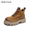 Natural Leather Chunky Women's Ankle Boots High Top Thick Bottom Boots Lace Up Casual Women's Motorcycle Boots