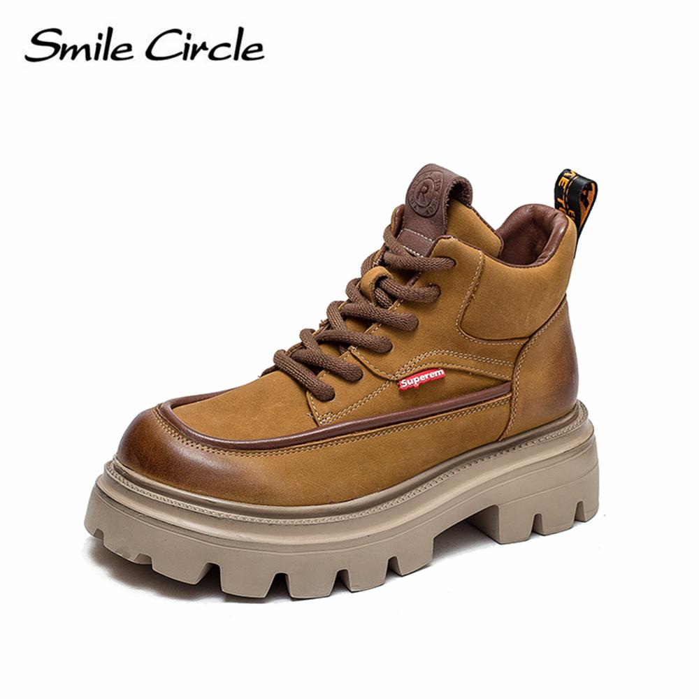 Natural Leather Chunky Women's Ankle Boots High Top Thick Bottom Boots Lace Up Casual Women's Motorcycle Boots