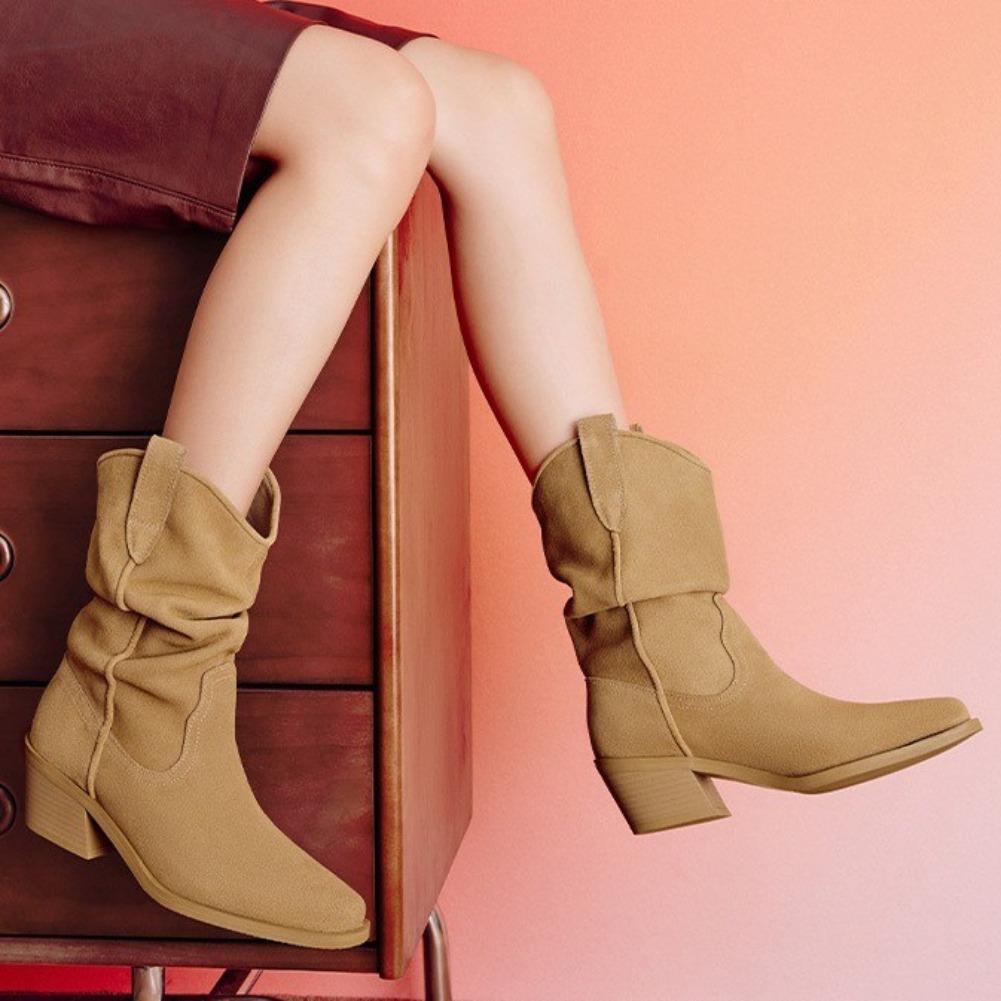 Fashion Women Thick Heel Western Boots Women Faux Suede Chunky Heeled Ankle Boots Autumn New Sewing Slip on Knight Pointed Botas Mujer