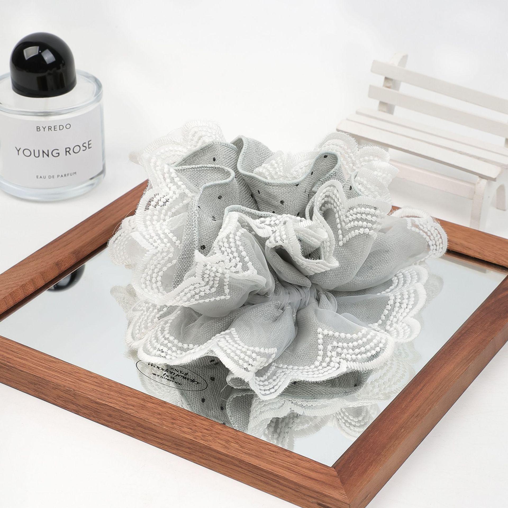 Корейская серая резинка-скранчи с кружевом в горошек - Большой аксессуар для волос высокого класса для женщин светло-серый