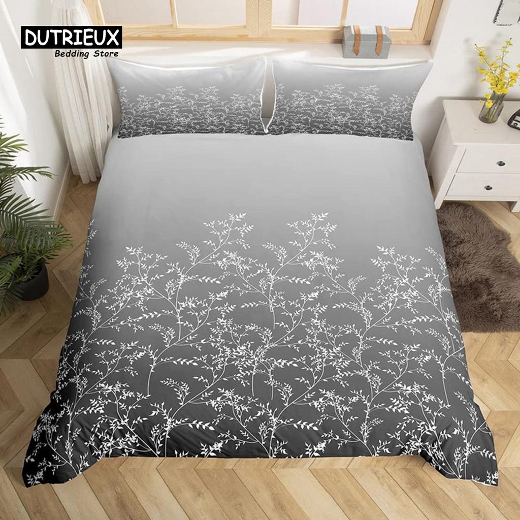 Gradient Color Duvet Cover Woodland Botanical Bedding Set Nature Rustic Tree Branch Leaf Comforter Cover Queen For Kids Adults