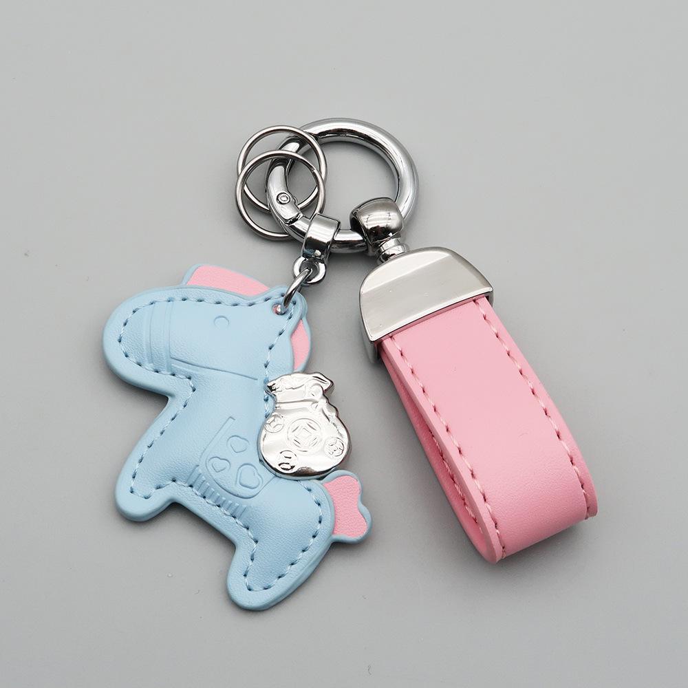 Instant Wealth Leather Keychain with Cartoon Pony Pendant for Couples – Trendy Bag and Car Accessory