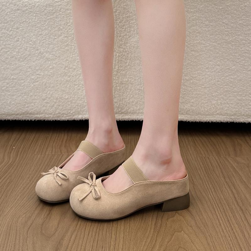 French Baotou Semi-slippers Women's Outer Wear 2026 New Block Heel Bow Knot Cool Drag Inner Heightening Single Shoes