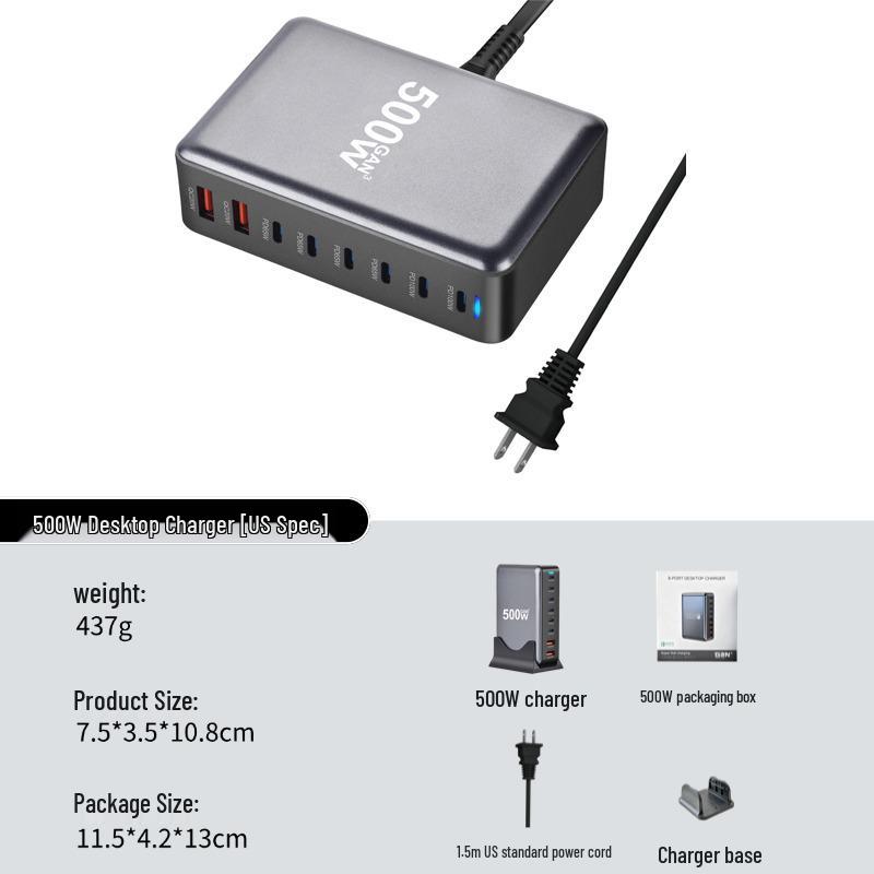 140W GaN PD Multi-Port Fast Charger - 500W Desktop Charging Station