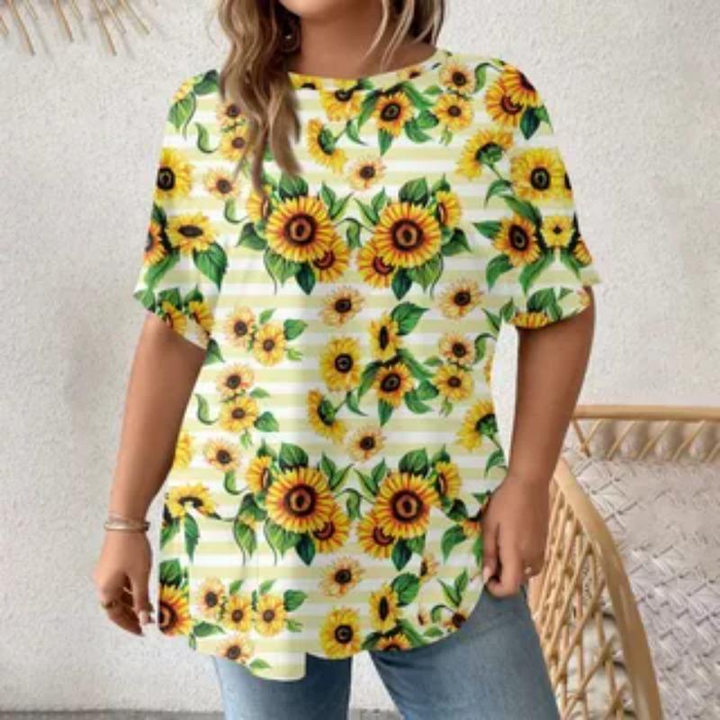 Sommer Rundhals 3D Blumenmuster Print Top Modisches Lässiges Kurzarm Übergröße Damen T-Shirts
