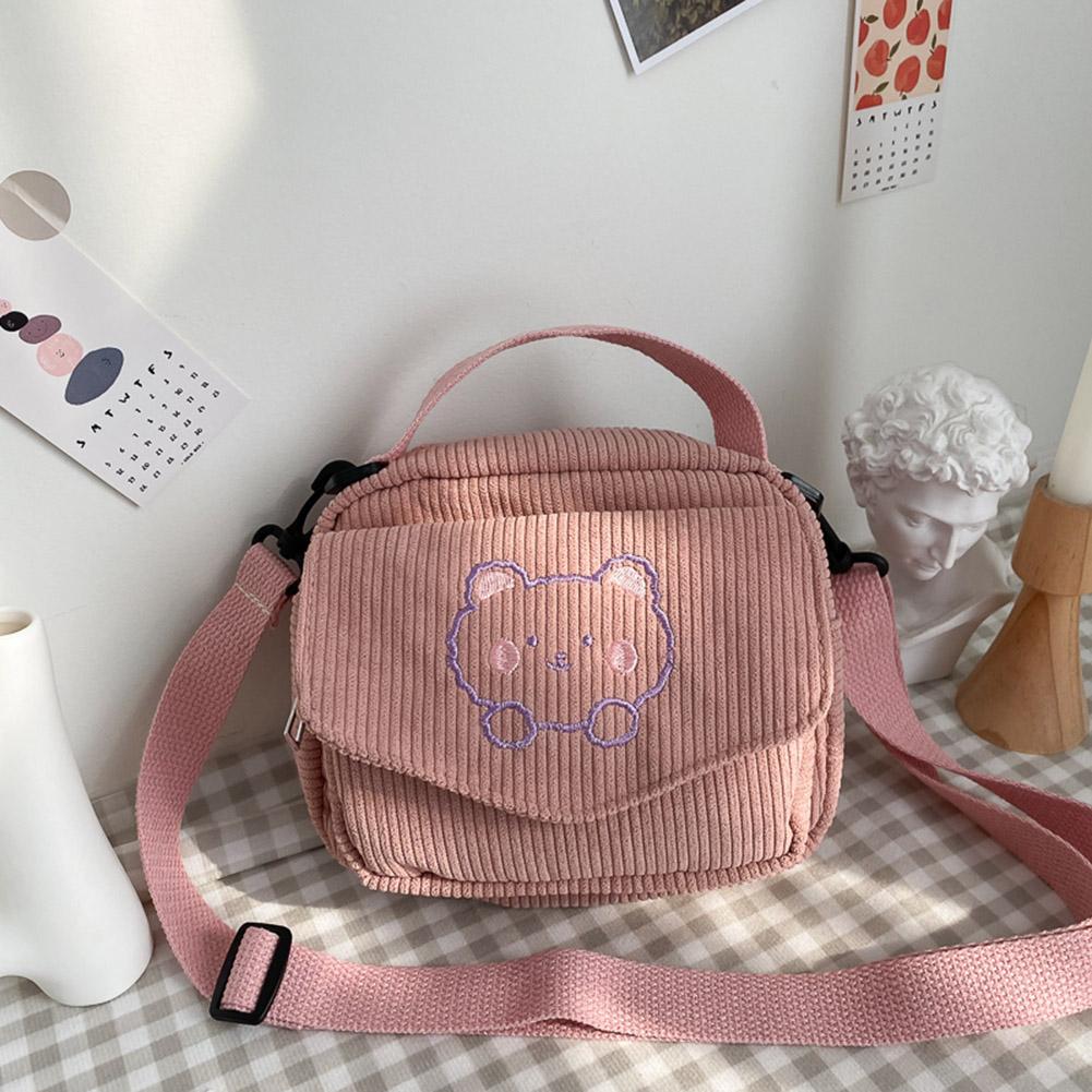 Cord-Umhängetasche, Vintage, süße Schulterhandtasche, Stickerei, Bär, japanische Klappentasche, Herbst-Winter-Geldbörse für Studentinnen