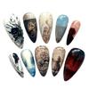 10 Pcs French Almond Fake Nails Dark Halloween Theme Full Cover Press On Nails For Party Wearable False Nail Tips