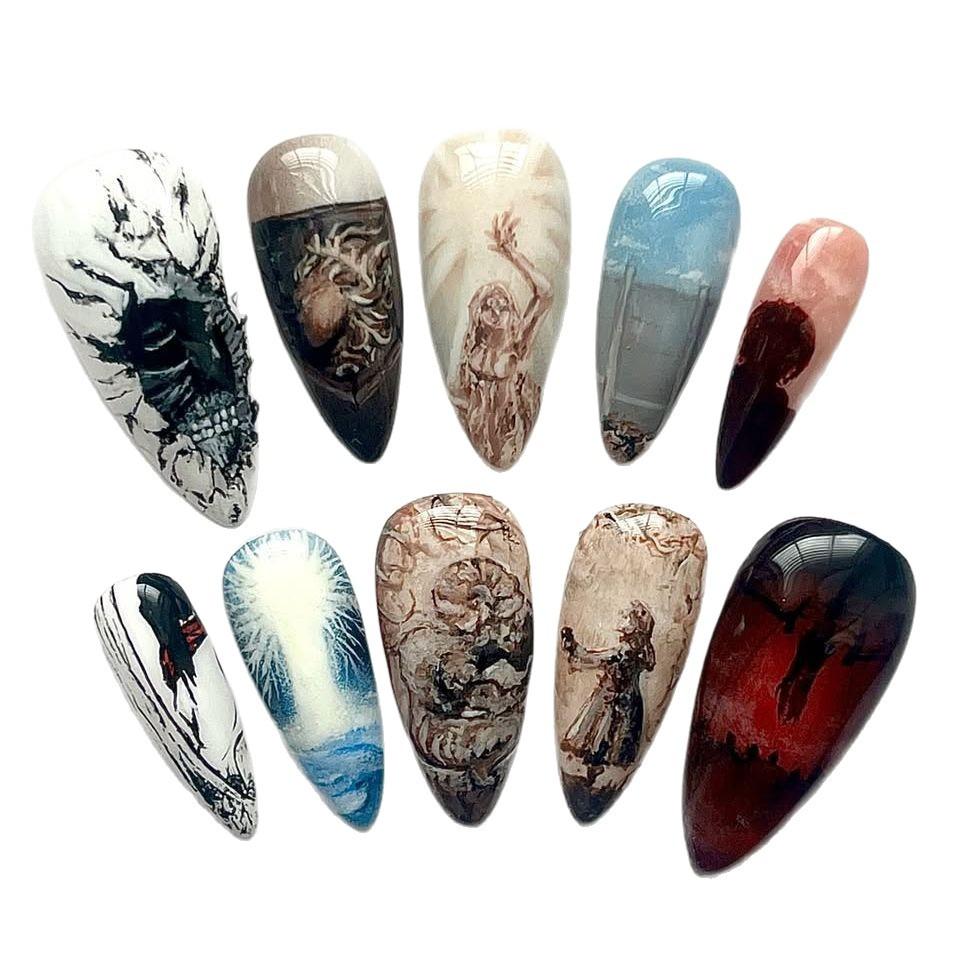 10 Pcs French Almond Fake Nails Dark Halloween Theme Full Cover Press On Nails For Party Wearable False Nail Tips