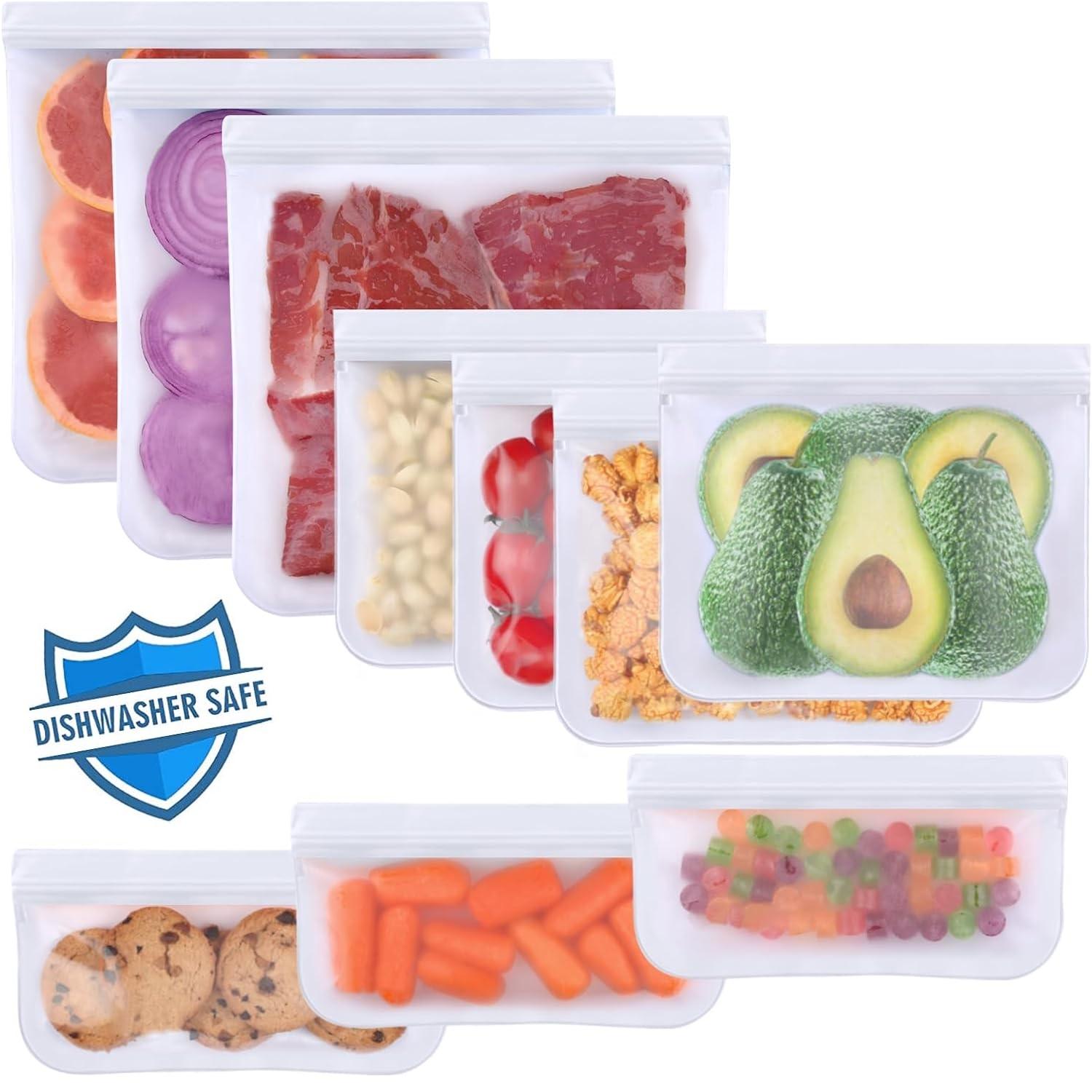 

10 упаковок многоразовых пакетов, пригодных для мытья в посудомоечной машине, силиконовые, герметичные многоразовые пакеты для заморозки, пакеты для хранения продуктов без BPA