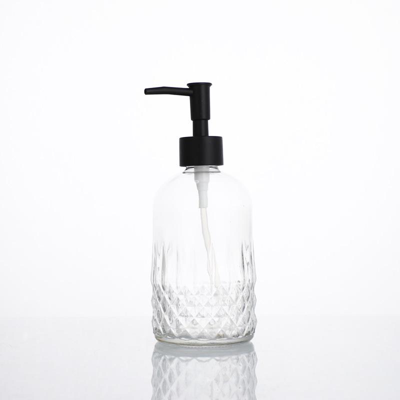 Transparente Glasflasche zum Drücken für Shampoo, Duschgel und Handdesinfektionsmittel - Wiederbefüllbar, Hotelqualität