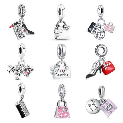 New 925 Silver Handbag Charms Travel Bag Dangle Bead Amulet Fit Original Fasion Bracelet Women Diy I Love Shopping Pendant Gift