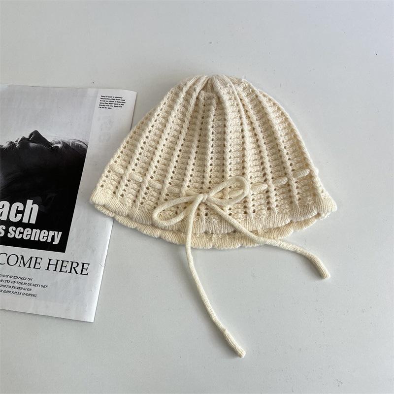 Sweet Bow Drawstring Knitted Hat Children Autumn and Winter Gentle Beige Versatile Wool Hat Bag Head Cold Hat