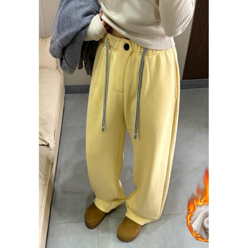 

Женские зимние утепленные флисовой подкладкой термоспортивные брюки с высокой посадкой, свободного кроя, повседневные брюки широкие от бедра XXS жёлтый