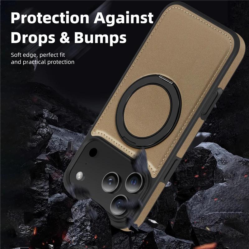 Leather Phone Case For Magsafe iPhone 17 Air 16E 16 15 14 Plus 13 12 Pro Max Magnetic 360 Rotate Metal Holder Stand Back Cover
