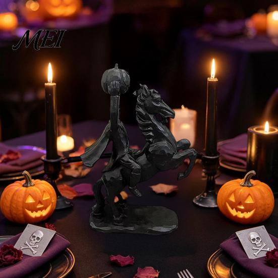 Desktop Figurine for Halloween Headless Horseman Holding Pumpkin Statue, Matte Black Resin Figurine, Creative Gifts Goth Lovers Gothic Tabletop Decor