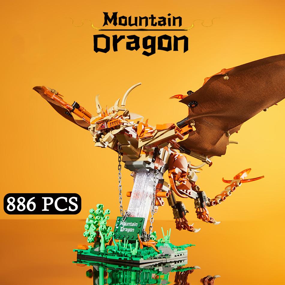 MOC Medieval Magic Animal Mountain Dragon Building Blocks Flying Dragon with Soft Wings Assembly Bricks Toy for Kids Adults Gift