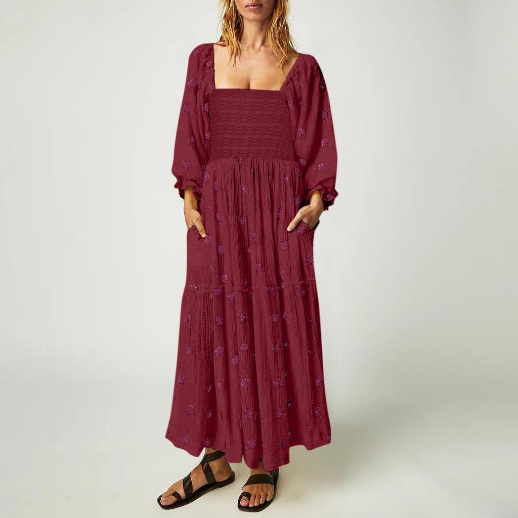 Herbst Damen Casual Kleid Quadrat Kragen Horn Ärmel Langen Rock Casual Und Sommer Maxi Kleider Für Frauen