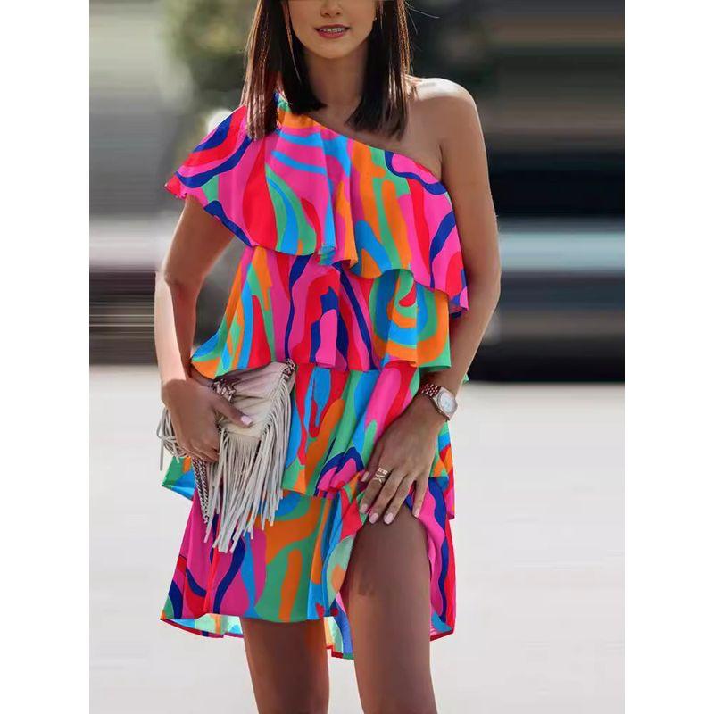 Slimming Sloping Shoulder Frill Casual Print One piece Dress Women clothing Shoulder Fashion Vacation Short dress