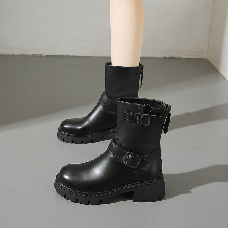 

2025 новая весна и осень мягкая кожа мягкая подошва туфли для мамы круглый носок нескользящие удобные толстый каблук средний каблук задняя молния рыцарские сапоги 40 чёрный