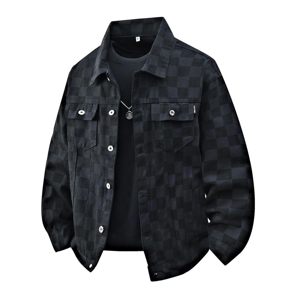 2026 Men's Plaid Denim Jacket: Loose Fit Korean Style Youth Top, Long Sleeve Autumn Outerwear.
