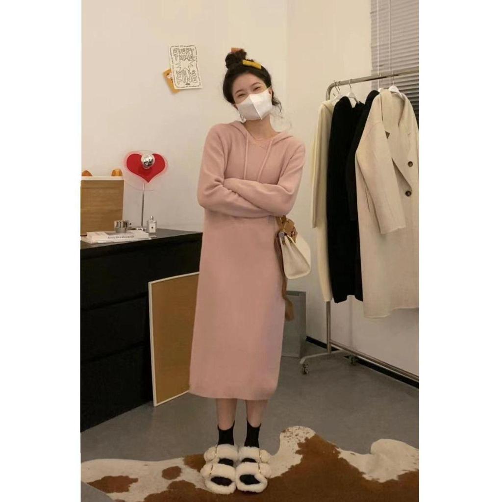 Korean-Style Thick Knit Hooded Sweater Dress for Women - Soft, Loose, Perfect for Autumn and Winter