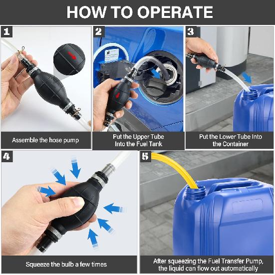 Portable Manual Siphon Pump For Fuel Transfer, Premium Gasoline Diesel Water Oil Transfer With 15Mm PVC Hoses, Hose Clip & Brass Connectors, Ideal