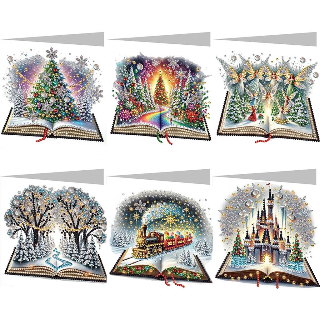 6Pcs Christmas Special Shape Christmas Book Rhinestone Painting Card Kit Diamond Painting Greeting Card for Holiday Party Favors