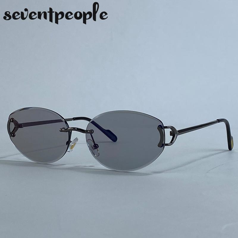 Small Frame Oval Frameless Sunglasses Women  Luxury Brand Vintage Metal Punk Sun Glasses For Ladies Trendy Outdoor Shades