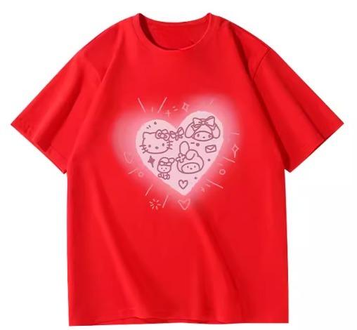 

2026Hello Kitty Sanrio fun print cotton Tshirt summer cartoon design kids round neck fashion loose casual wear S