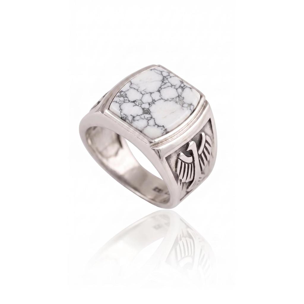 White Howlite Ring, 925 Sterling Silver Ring, Natural Howlite Men's Ring, Vintage Look Signet Ring, Mens Ring, Gift For Him