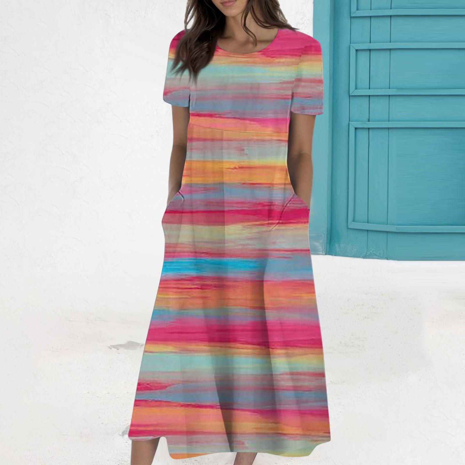 

Женское летнее повседневное модное платье с коротким рукавом и карманом с круглым вырезом M розовый