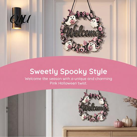 3D Floral Pumpkin Wall Art Halloween Ghost Wooden Welcome Door Hanger Sign, Cute Ornament with Bell Durable Sign for Porch Hanging Rope, Decor Indoor