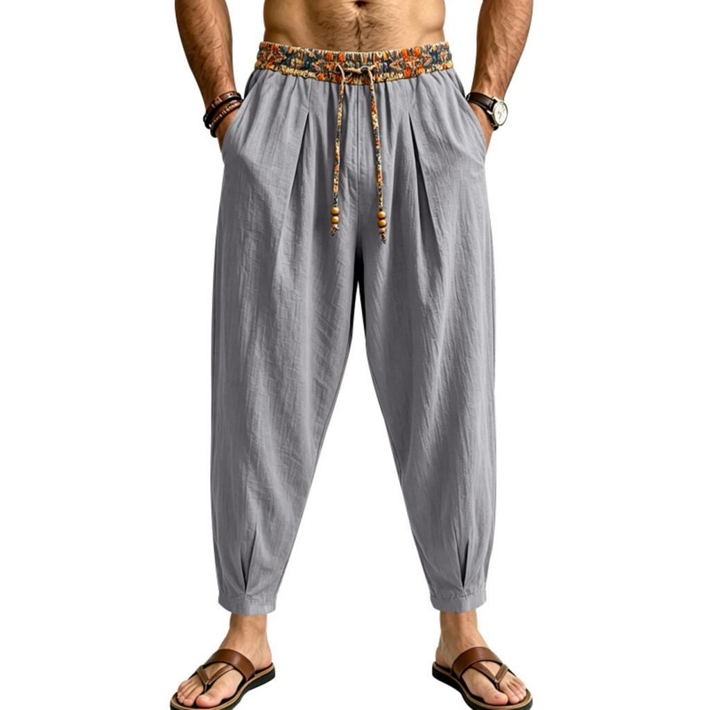 Men's Linen Loose Fit Color Wide Leg Pants with Tapered Hem for Business Casual