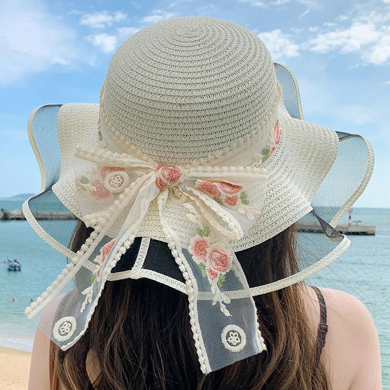 Flower Ribbon Sun Hat For Women's New Seaside Vacation Sweet Lace Sun Hat Summer Big Brim Straw Hat