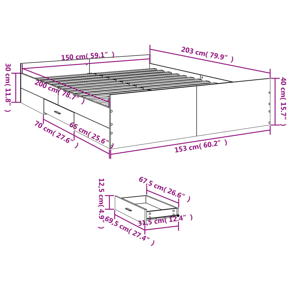 Bed Frame with Drawers Sonoma Oak 150x200 cm Engineered Wood