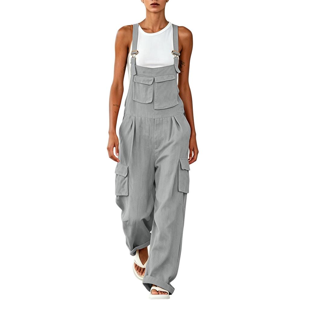 Women Casual Adjustable Strap Loose Fit Wide Leg Cargo Overalls with Multiple Pockets Comfortable Workwear Jumpsuit