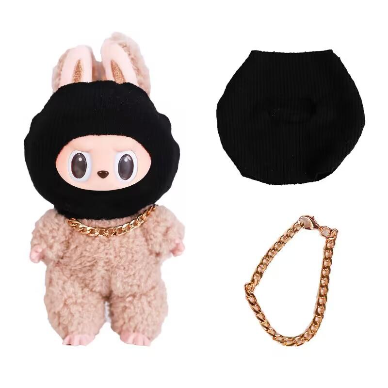 

Роскошная шапка-бини Labubu Black Hip Hop Mask с косичками, аксессуары, 3-слойная большая золотая цепь, уличная мода, украшения для кукол One Size белый