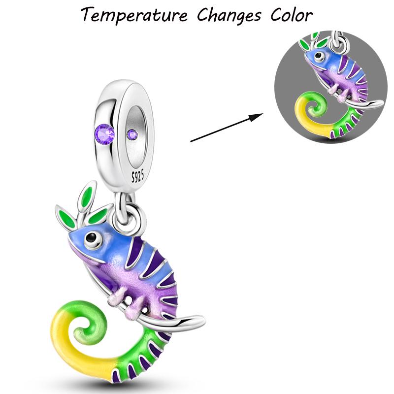 100% S925 Silver Temperature Change Color Chameleon Elephant Trendy Charms Fit Pan Original Bracelets DIY Fine Jewelry Gifts