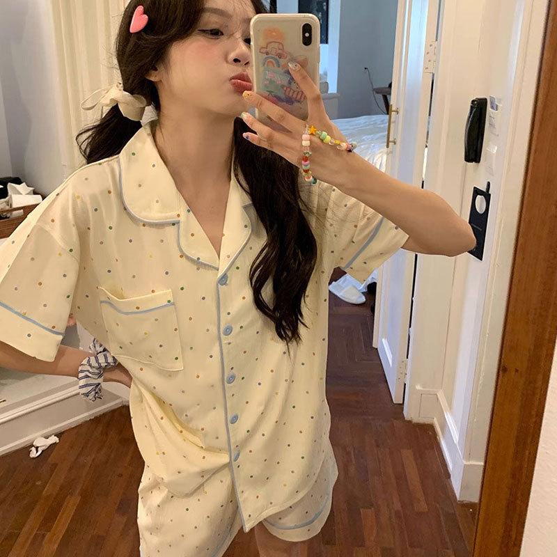 Japanese-style Unprinted Style Summer Fresh Cotton Pajamas Women's Short Sleeves 1011 New Loose Outer Loungewear Suit