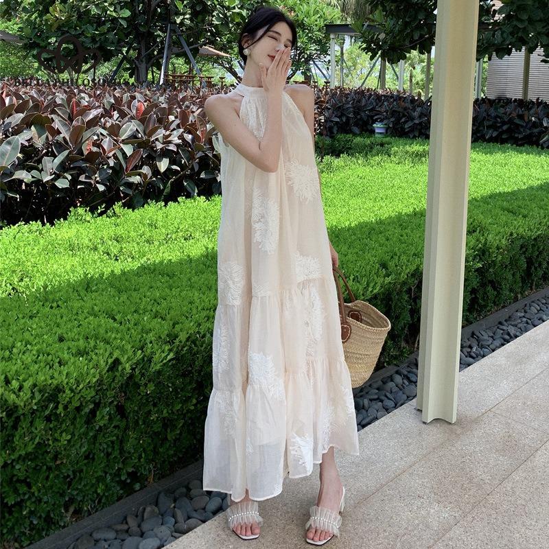 French Strapless Hanging Neck Dress Fairy Summer Princess Seaside Vacation Beach Long Dress Casual Style Dress