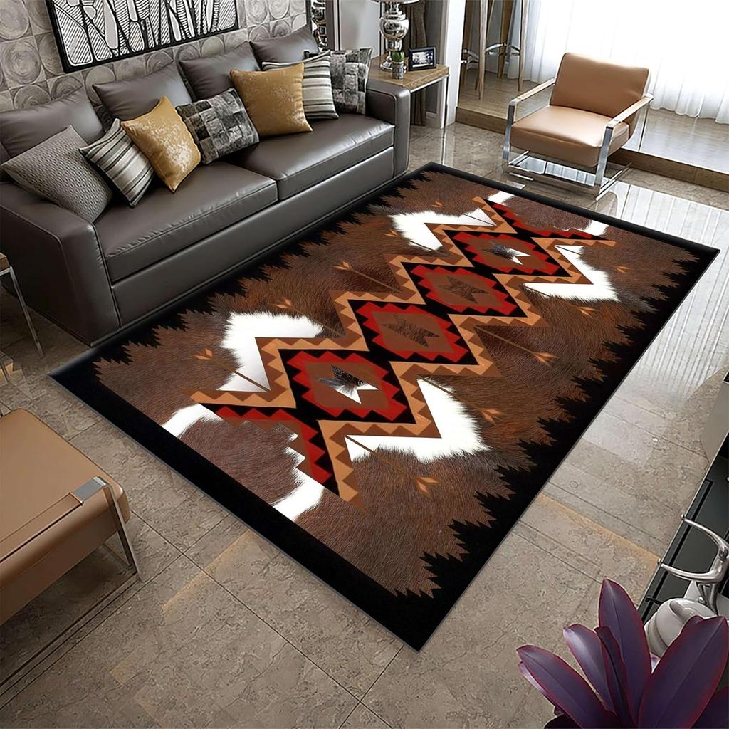 Weiß Braun Kuhfellmuster Bereichsteppich Ethnischer Stamm Pfeil Azteken Südwesten Indianisch Innenbereich Rutschfest Westliches Dekor Fußmatte