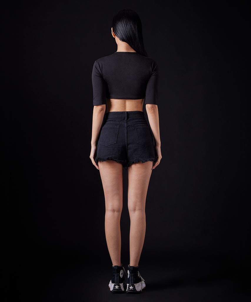 ASTRAL PROJECTION Apple Supima Spandex 5-Quarter Sleeve Short Crop Top_Black