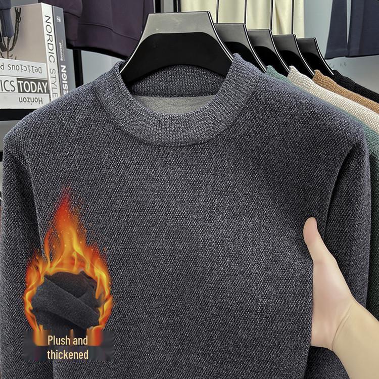 Herren Strickpullover mit Fleecefutter - Faux Nerz Kaschmir, Unifarben, Rundhalsausschnitt, Warme Herbst-/Winter-Herrenbekleidung