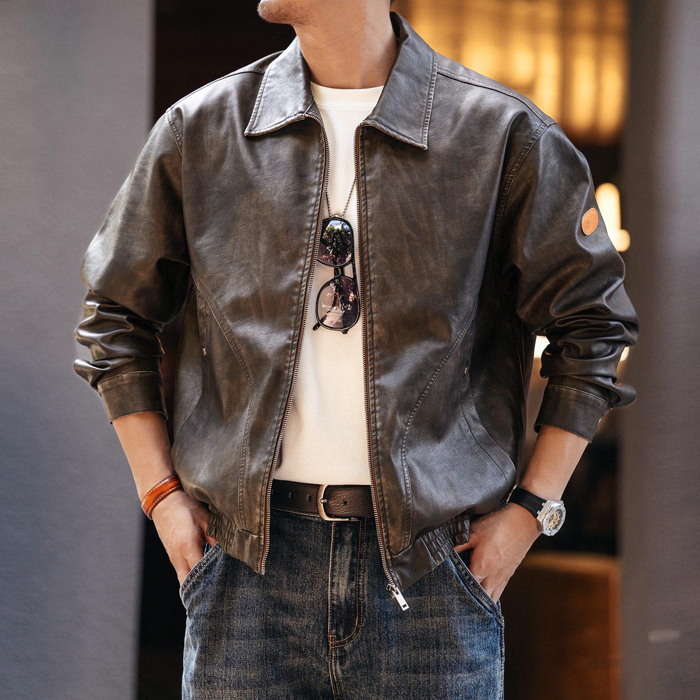 

Ge Lan Lu Men s American Retro Motorcycle Style Leather Jacket - Autumn Trendy, Loose Casual Outerwear 2XL for 80-90kg коричневий