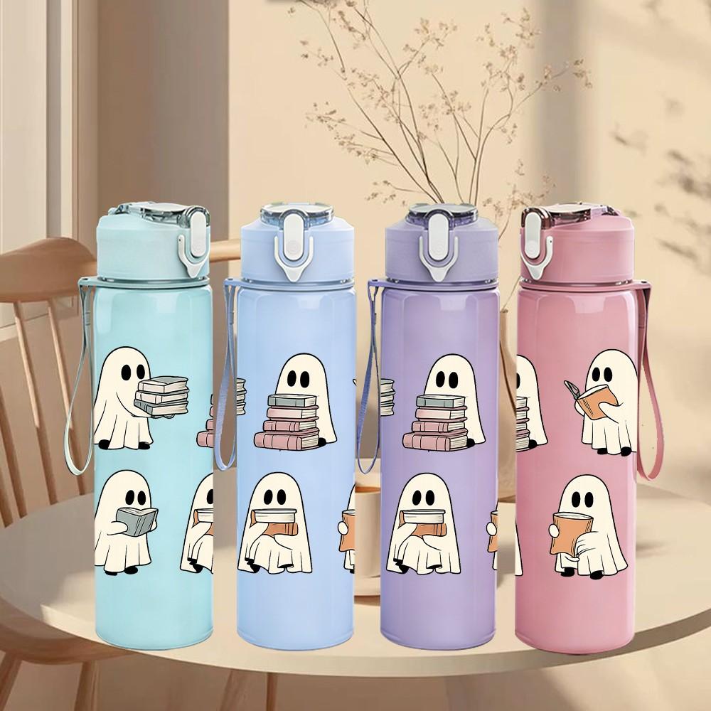 1PC Cute Little Ghost Group 750ml Color Plastic Sports Water Bottle Leakproof Flip Straw Lid Suitable for Sports Office Home Use