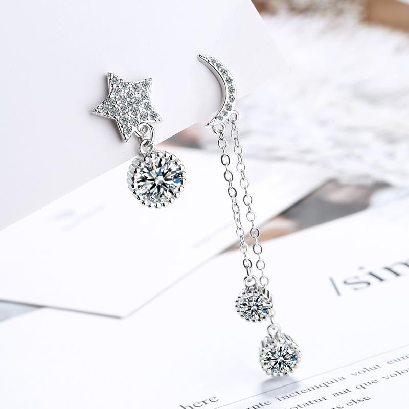 New Fashion Star&Moon Asymmetry Round Rhinestone Drop Earrings Women 925 Silver Jewelry Zircon Long Pendant Ear Stud
