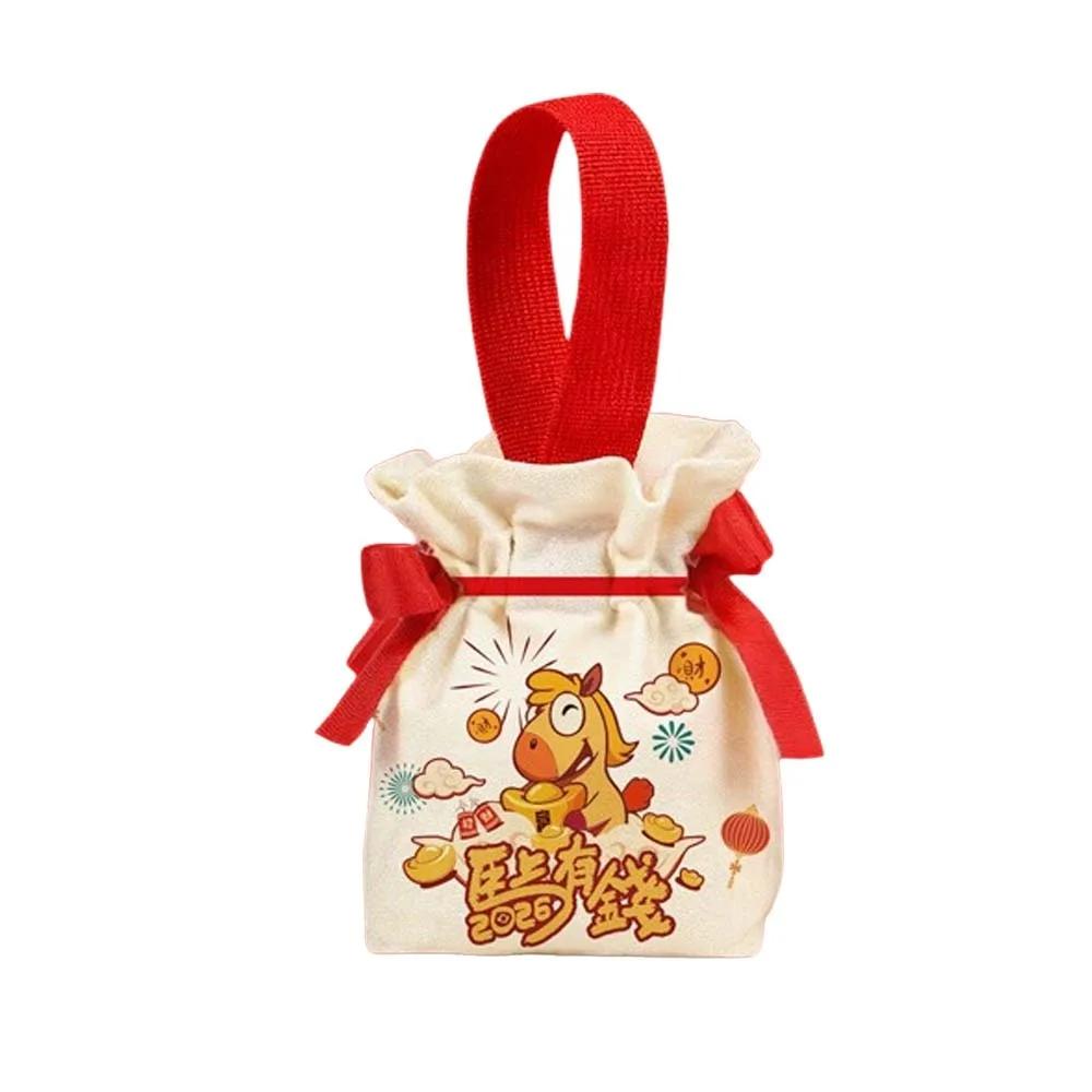 Cartoon 2026 New Year Gift Bag Chinese Style Canvas Horse Year Handbag Bag Portable Large Capacity Fashion Wedding Candy Bag