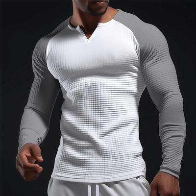 TUME Men's Color Block Waffle Long-Sleeve T-Shirt for Spring and Summer