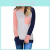 Tops Autumn Womens Round Collar Stitched Color Long Sleeve Tshirt Pocket