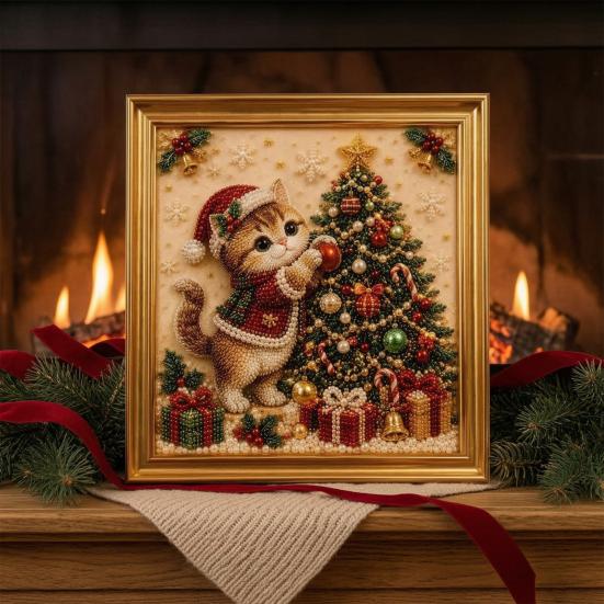 Faux Pearl Painting Kit for Adults Christmas Cat Art with Frame, Kitty DIY Embroidery Kit, 3D Bead Wall Craft Adults, Handmade Home Holiday